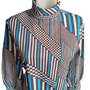 Medium Vintage 1970s Geo Print High-Neck Blouse Lady Manhattan 1970's Mod Chic